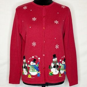 Croft & Barrow Red Embroidered Christmas Snowmen Cardigan Sweater
